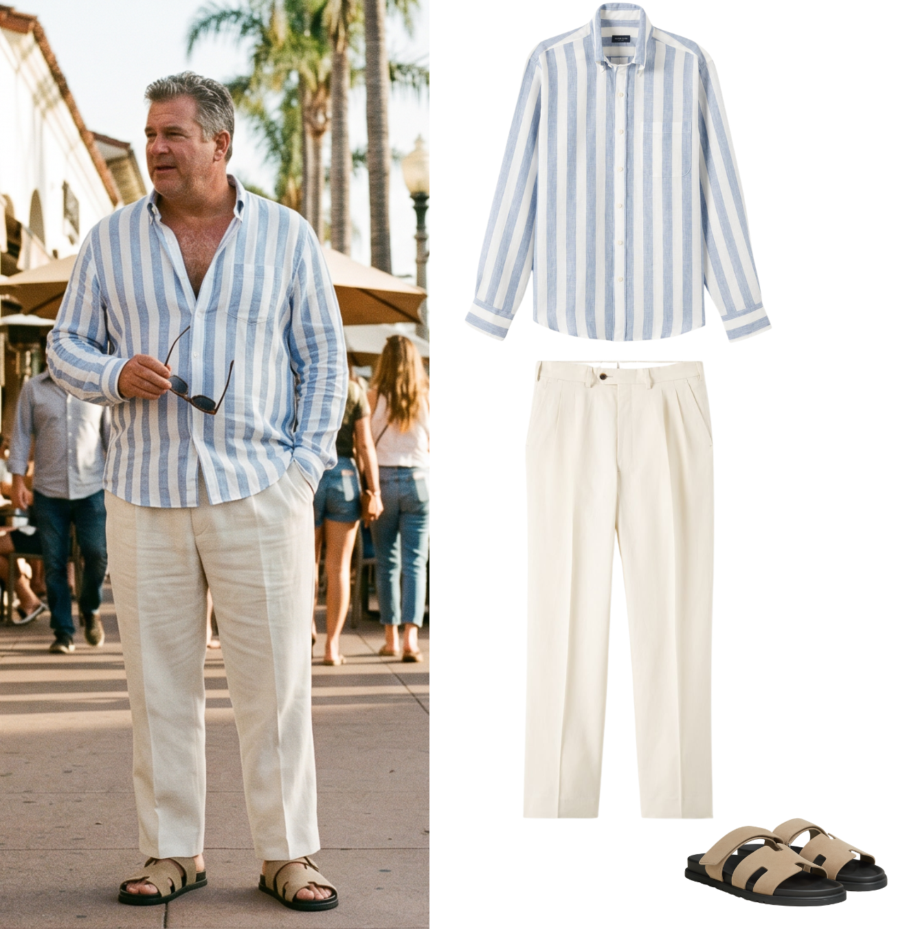 Man in a striped light blue and white shirt, cream-colored pants, and sandals walking outdoors.