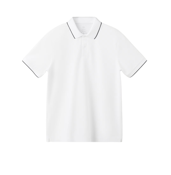 White polo shirt with black piping on collar and sleeves