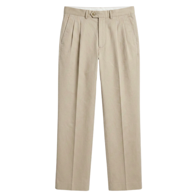 Beige dress pants with pleats, front button, and zipper closure.