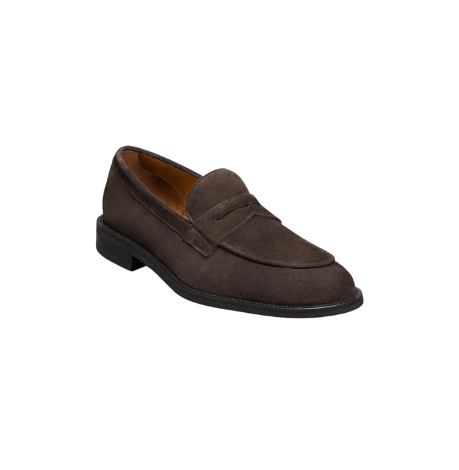 Brown men's dress shoe with a low heel and slip-on design on a white background.