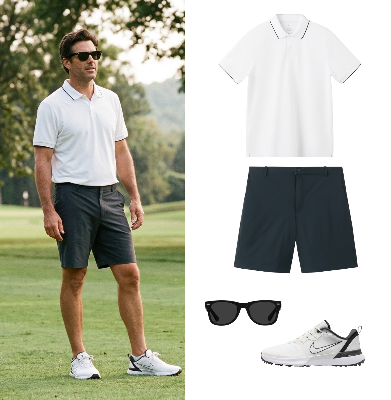 A man in a white polo shirt, navy shorts, white sneakers, black sunglasses, and with a golf tee in hand, standing on a golf course.