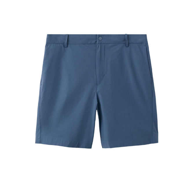 Blue men's shorts displayed against a white background.