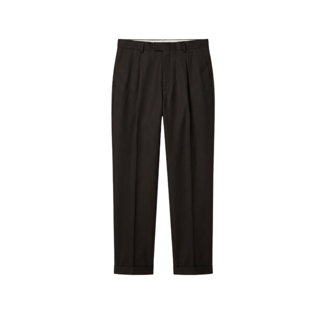 Black dress pants with pleats and a cuffed hem.