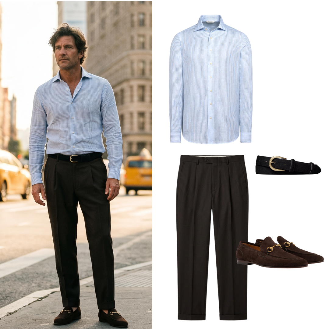 A man in a light blue striped dress shirt, black dress pants, and brown loafers standing on a city street. The outfit is displayed on the right, including the shirt, black dress pants, black belt, and brown loafers.