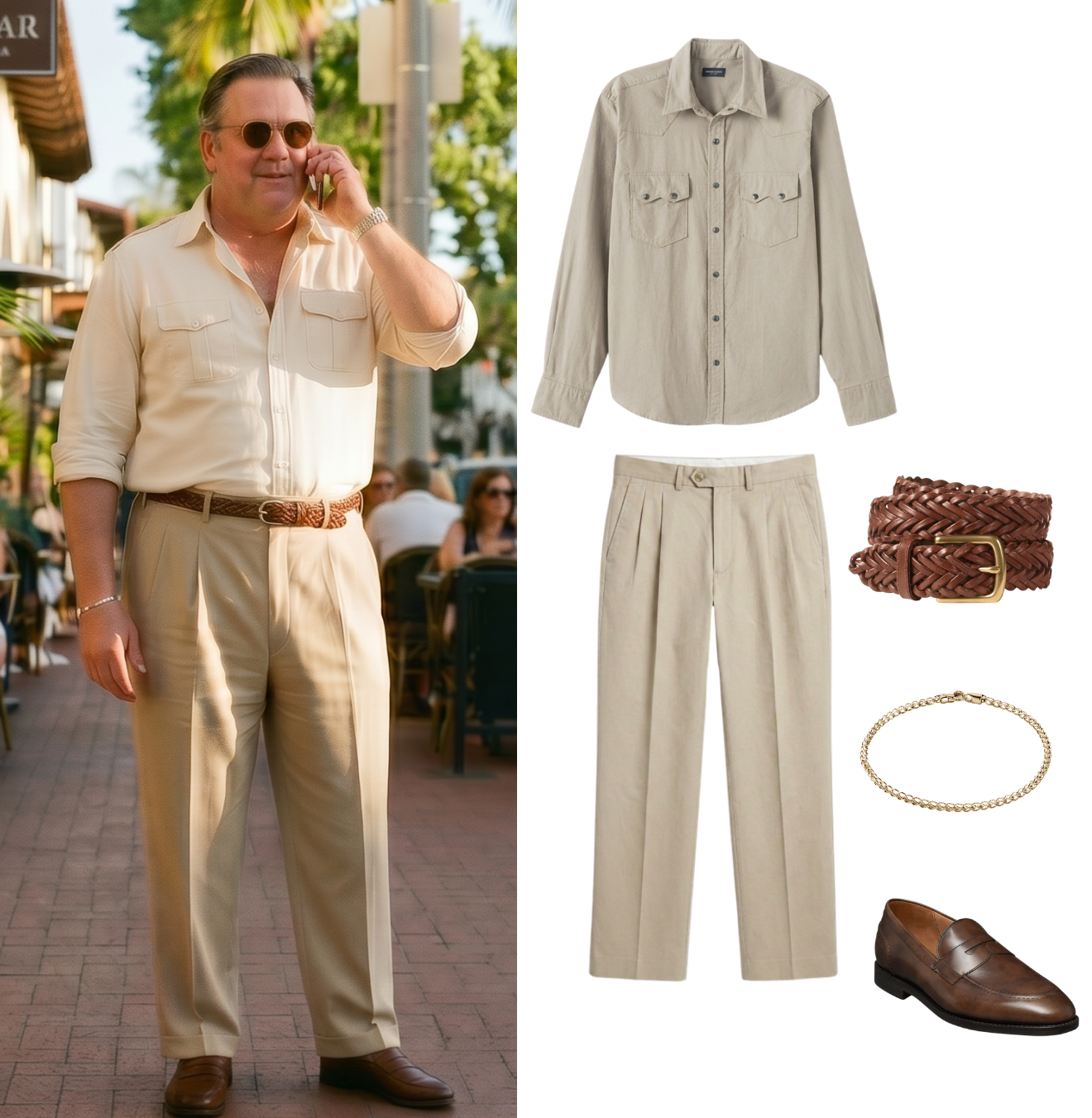 A man wearing a cream-colored dress shirt with rolled-up sleeves, matching cream pants, brown shoes, and sunglasses, is talking on a cellphone outdoors on a sunny day.