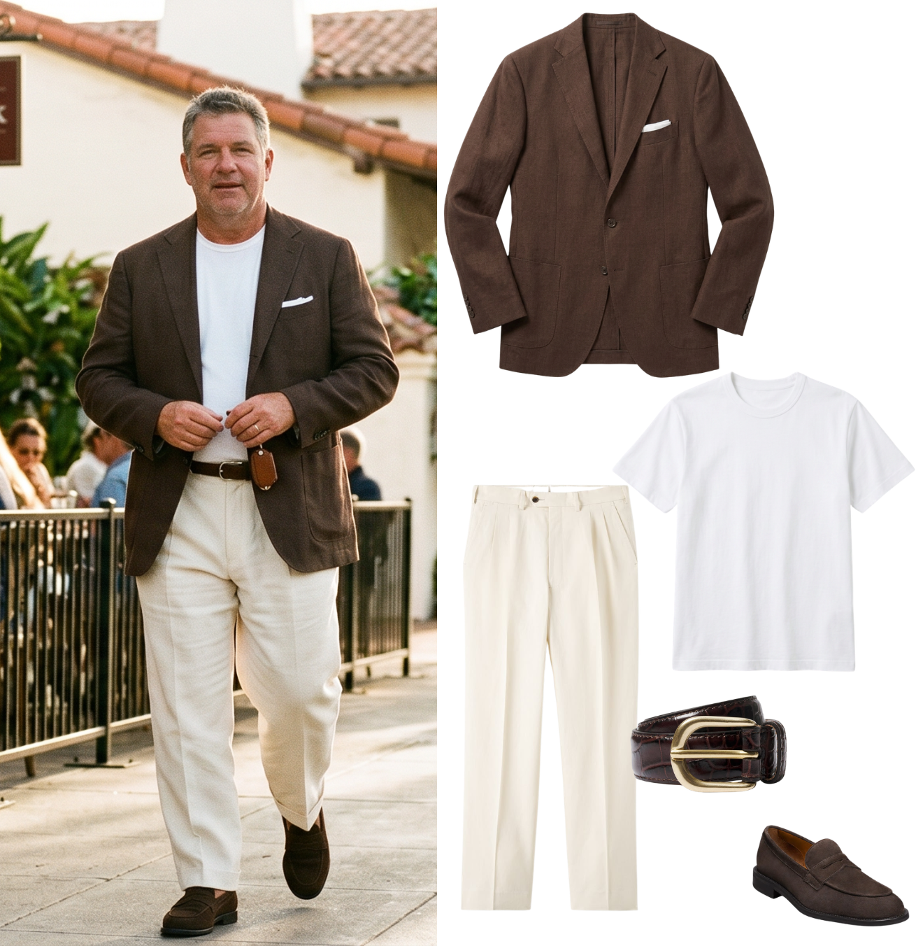 Man walking outdoors wearing a brown blazer, white t-shirt, cream pants, dark shoes, with a brown belt, and a white pocket square in his blazer pocket.
