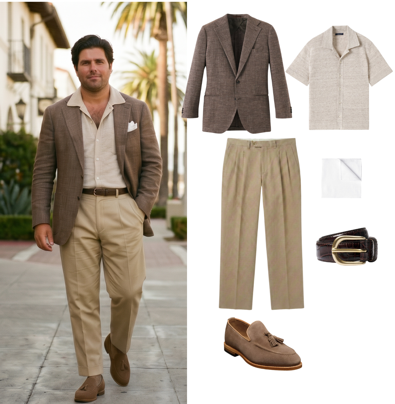 A man walking outdoors with a layered outfit including a brown blazer, beige dress pants, a white collared shirt, tan shoes, and accessories like a brown belt.