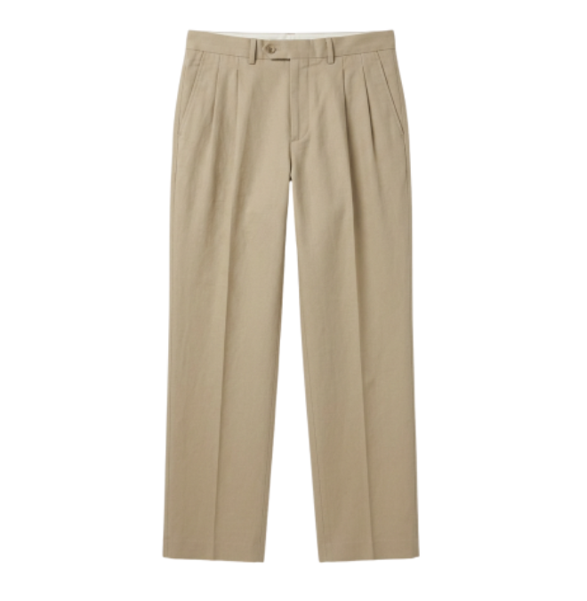 Beige dress pants with pleats at the front and side pockets.