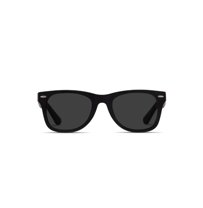 Black sunglasses with dark lenses and small metallic accents on the frame