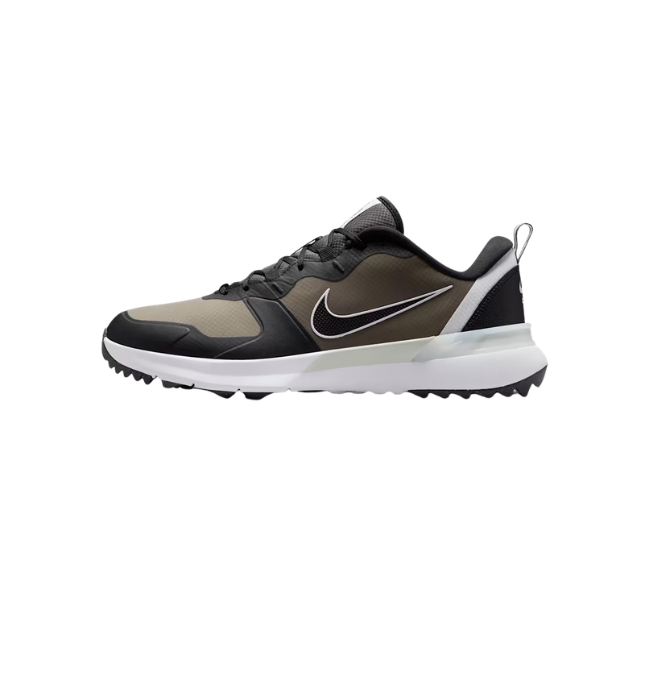 Black, gray, and white Nike running shoe with a Nike swoosh logo on the side, placed on a white background.