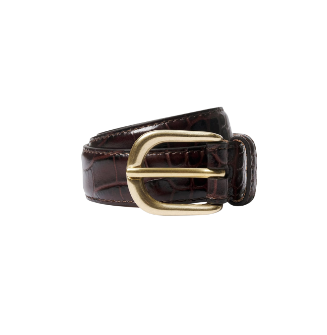 Brown leather belt with a gold buckle on a white background.