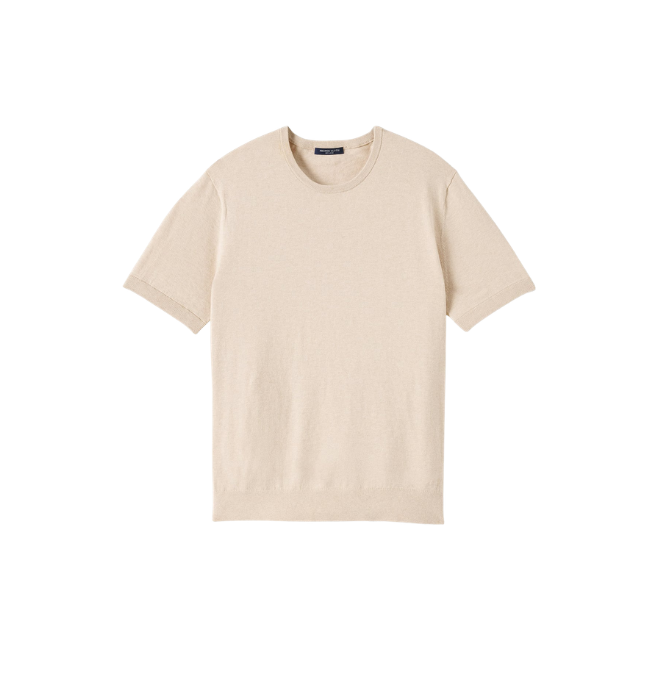 Beige short-sleeve knit t-shirt on white background