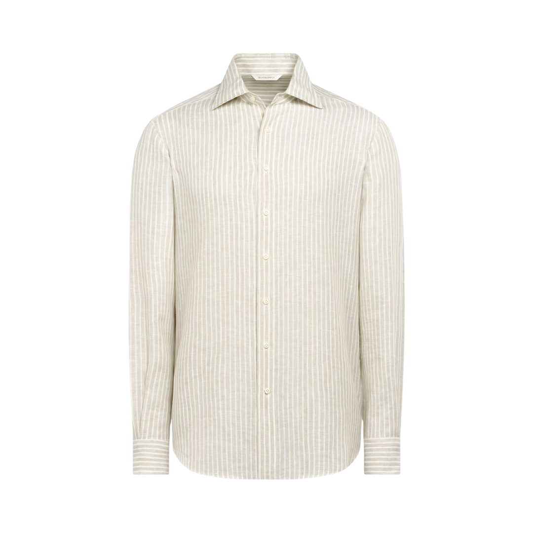 Beige and white vertically striped long-sleeve button-up shirt with collar.