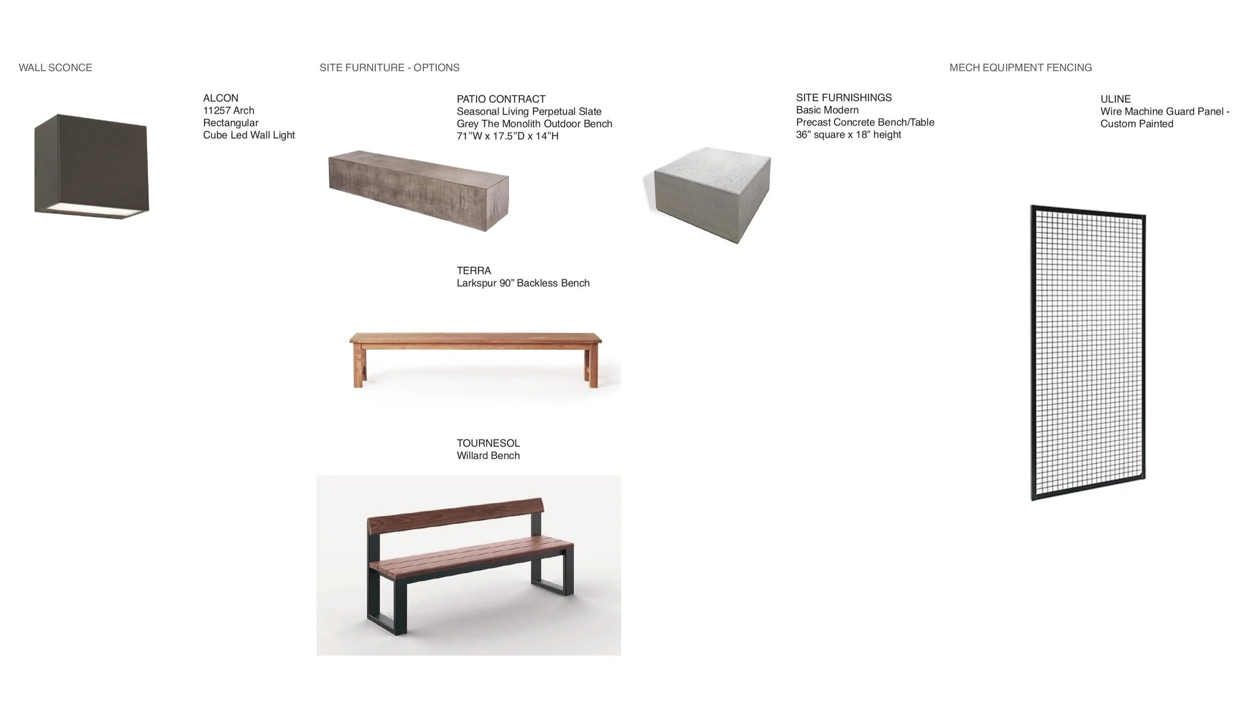 Palette featuring a contemporary wall sconce, precast concrete seating, wood and metal benches, and custom-painted wire mesh screening for mechanical equipment.