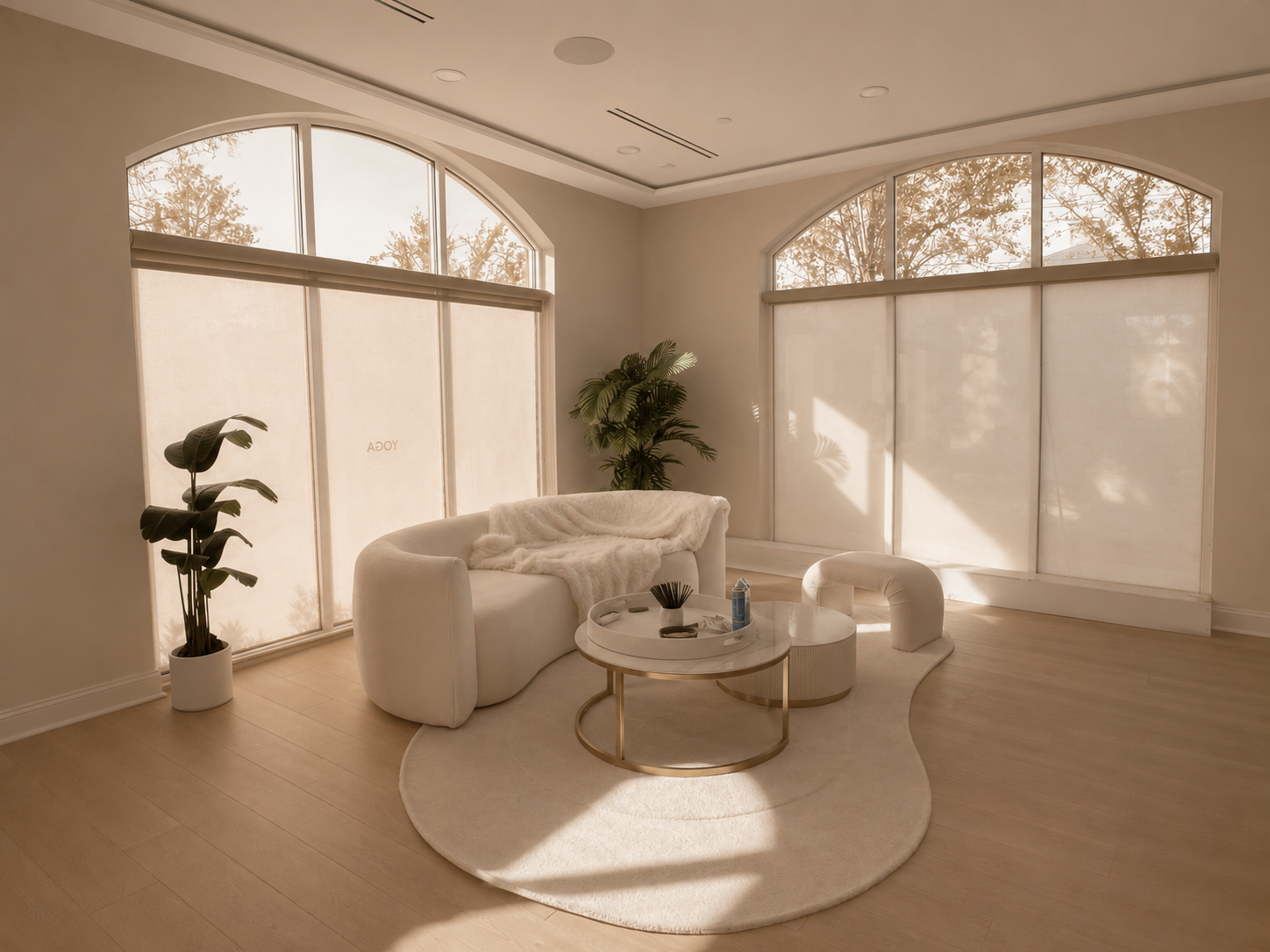 BLD Inc commercial yoga and wellness studio design in Plainsboro, New Jersey, with several studios, lockers and showers, meeting rooms and kitchenette area, with calming interiors, thoughtful architecture and wellness environment.