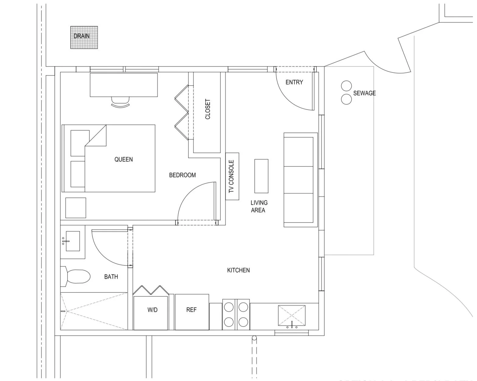 BLD residential ADU in Placentia, California, ADU includes bedroom, bathroom, living area, kitchen and washer/dryer