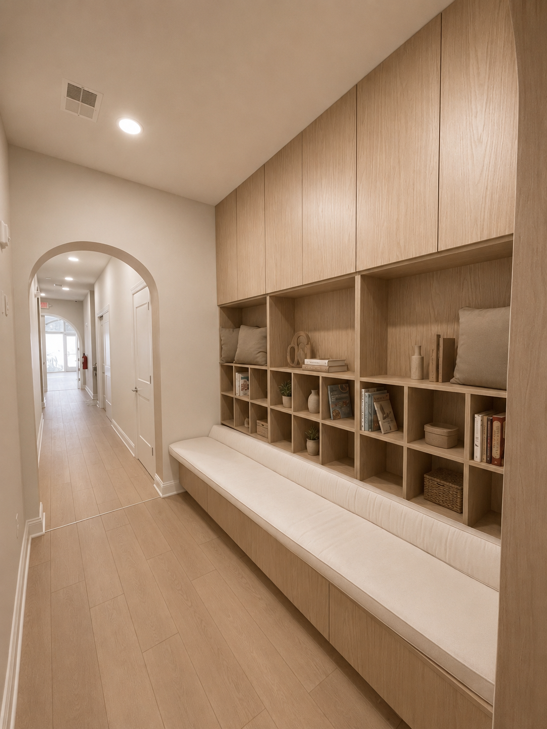 BLD Inc commercial yoga and wellness studio design in Plainsboro, New Jersey, with several studios, lockers and showers, meeting rooms and kitchenette area, with calming interiors, thoughtful architecture and wellness environment.