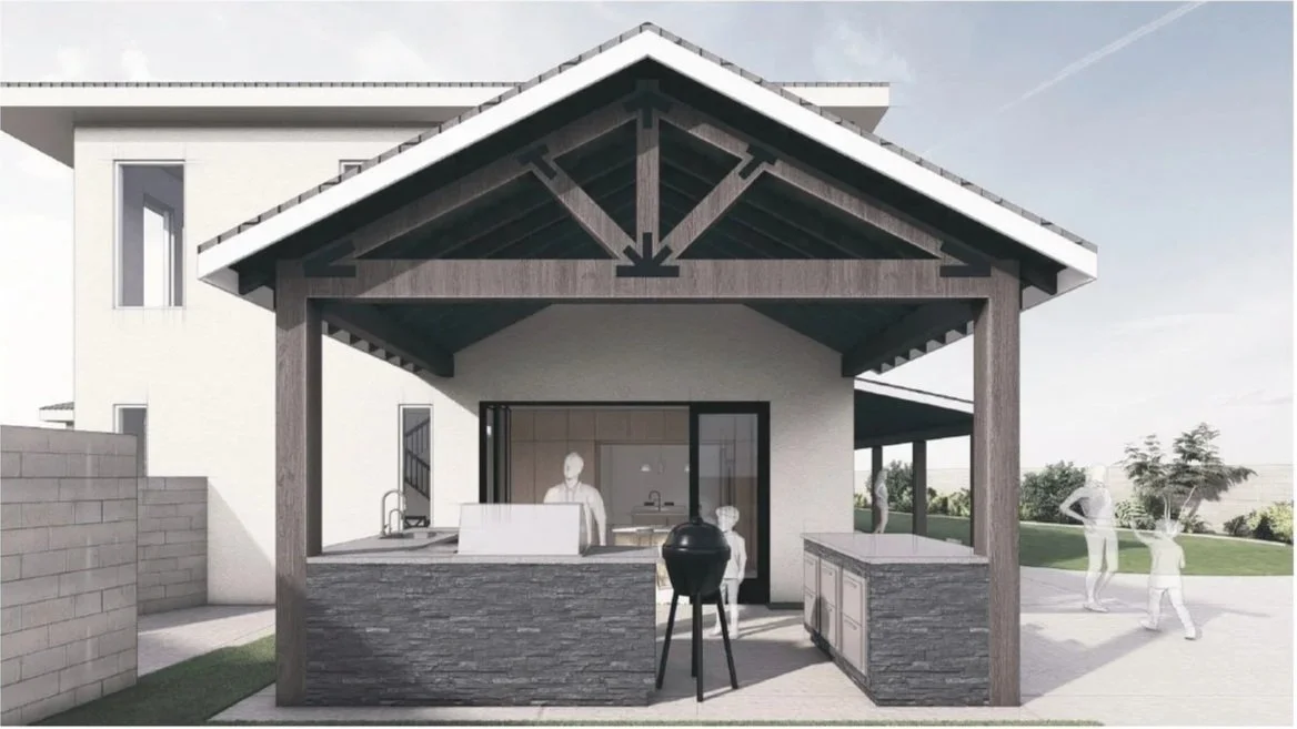 BLD residential extension and renovation in Placentia, California with kitchen re-layout, side yard patio, and rear patio