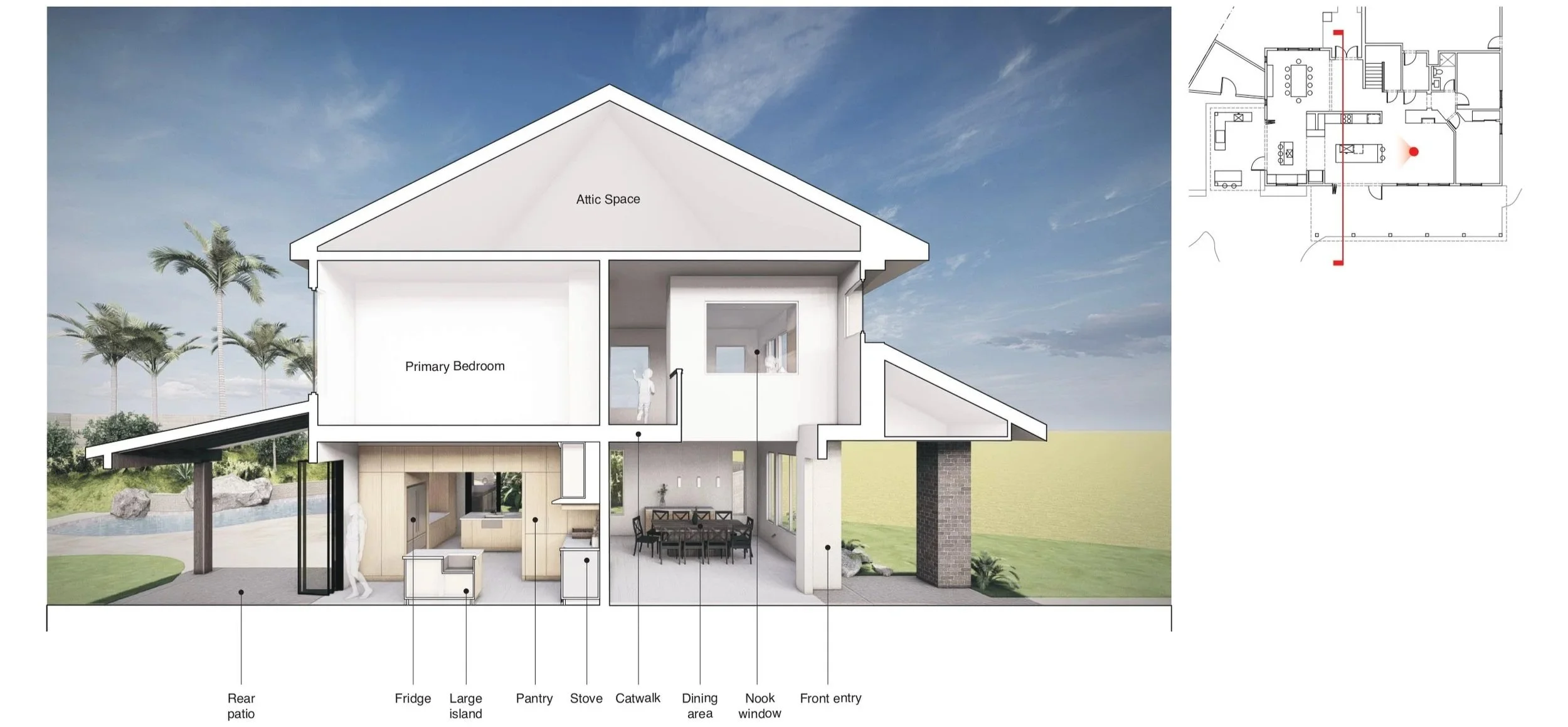 BLD residential extension and renovation in Placentia, California with kitchen re-layout, side yard patio, and rear patio