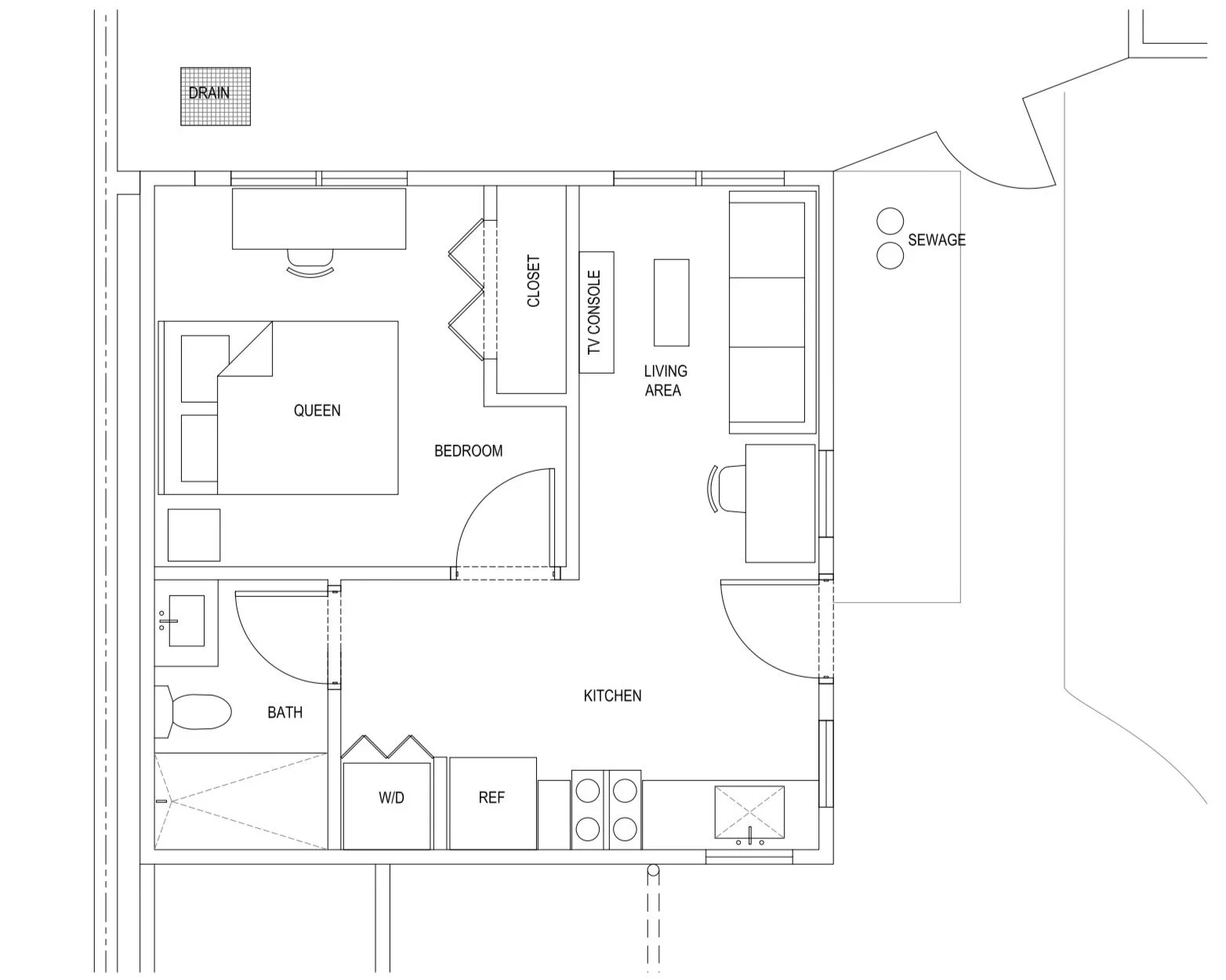 BLD residential ADU in Placentia, California, ADU includes bedroom, bathroom, living area, kitchen and washer/dryer