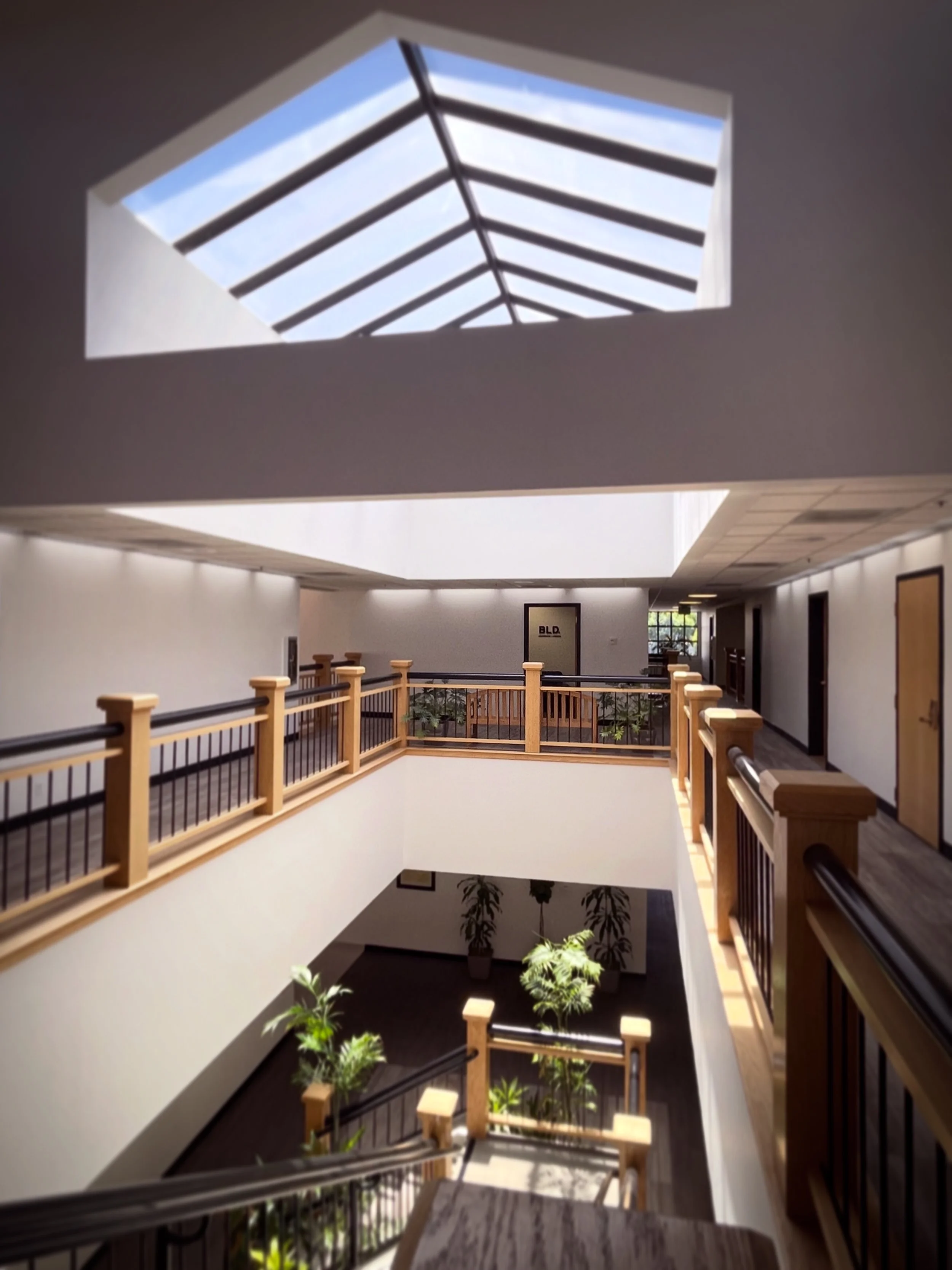 two-story interior atrium/circulation space with a large skylight bringing daylight into the center of the building.