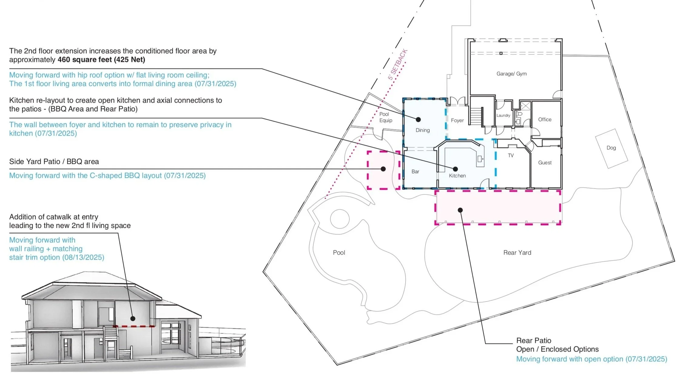 BLD residential extension and renovation in Placentia, California with kitchen re-layout, side yard patio, and rear patio
