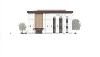 Elevation featuring a contemporary façade with warm wood-look cladding, light exterior panels, tall arched windows, dark metal accents, a projecting entrance canopy, and integrated AltaMed signage.