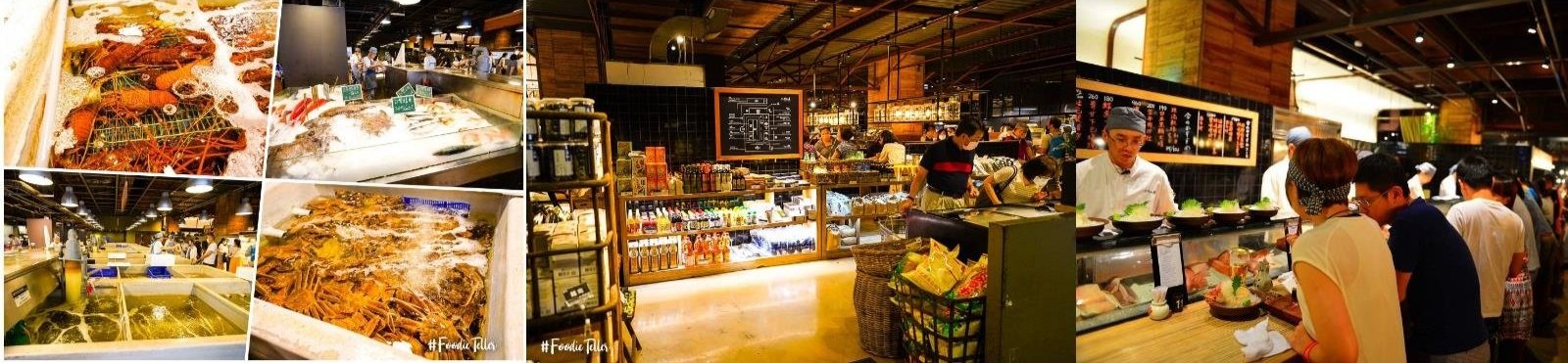 Dashi Beach Resort food market inspiration featuring a bustling seafood counter, fresh fish and shellfish displays, open-kitchen dining, and a contemporary market hall atmosphere.