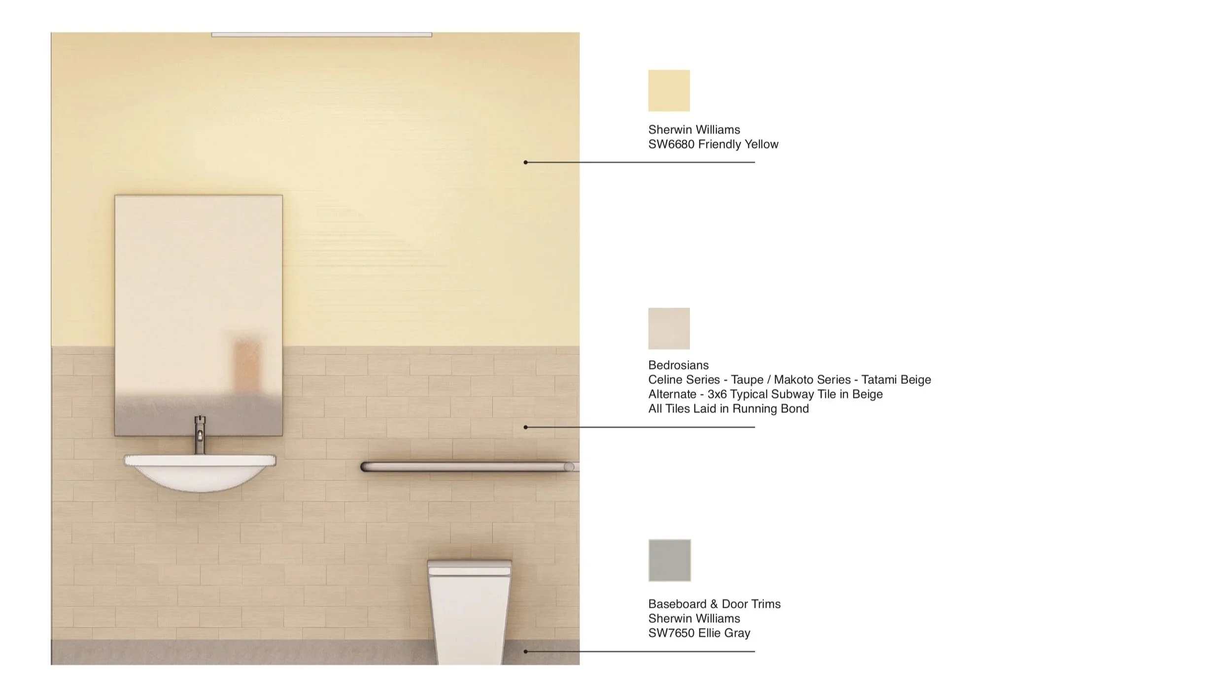 Interior elevation featuring warm neutral wall colors, beige ceramic tile, gray baseboards and trim, wall-mounted sink, mirror, grab bars, and accessible fixtures designed for a clean, comfortable healthcare environment