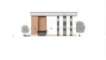 Elevation featuring a contemporary façade with warm wood accents, light exterior panels, vertical glazing, dark architectural details, and integrated AltaMed signage.