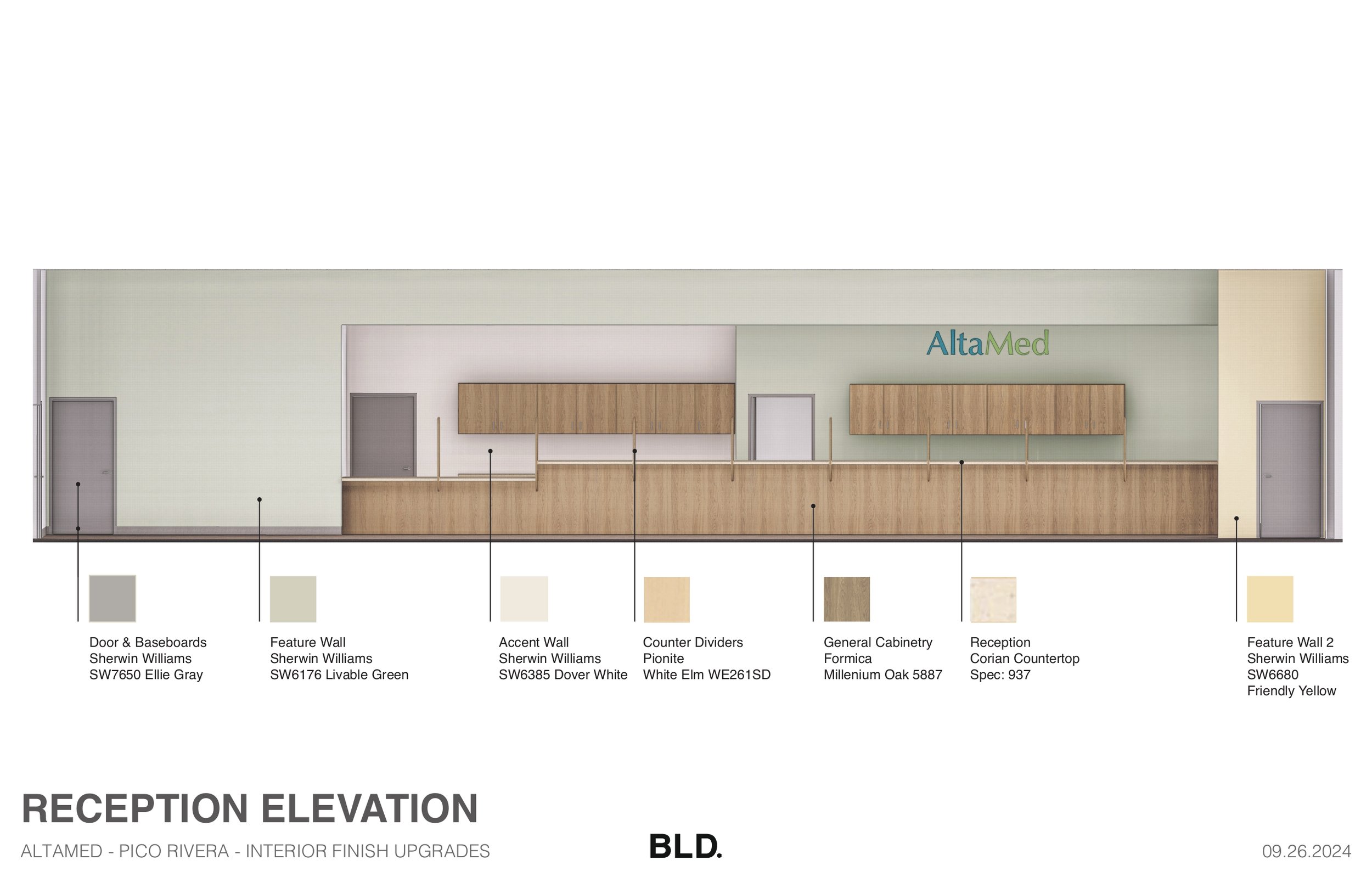illustrating the reception and clinical workspace design with warm wood cabinetry, Corian countertops, soft neutral wall colors, subtle green accents, and coordinated doors and baseboards