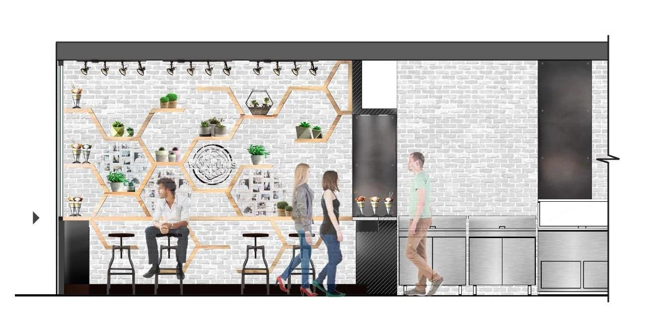 BLD Inc commerical food place in New York, incorporates traditional shape of the original Hong Kong style egg waffles to create functional display shelves, and easy movement for waffle artists