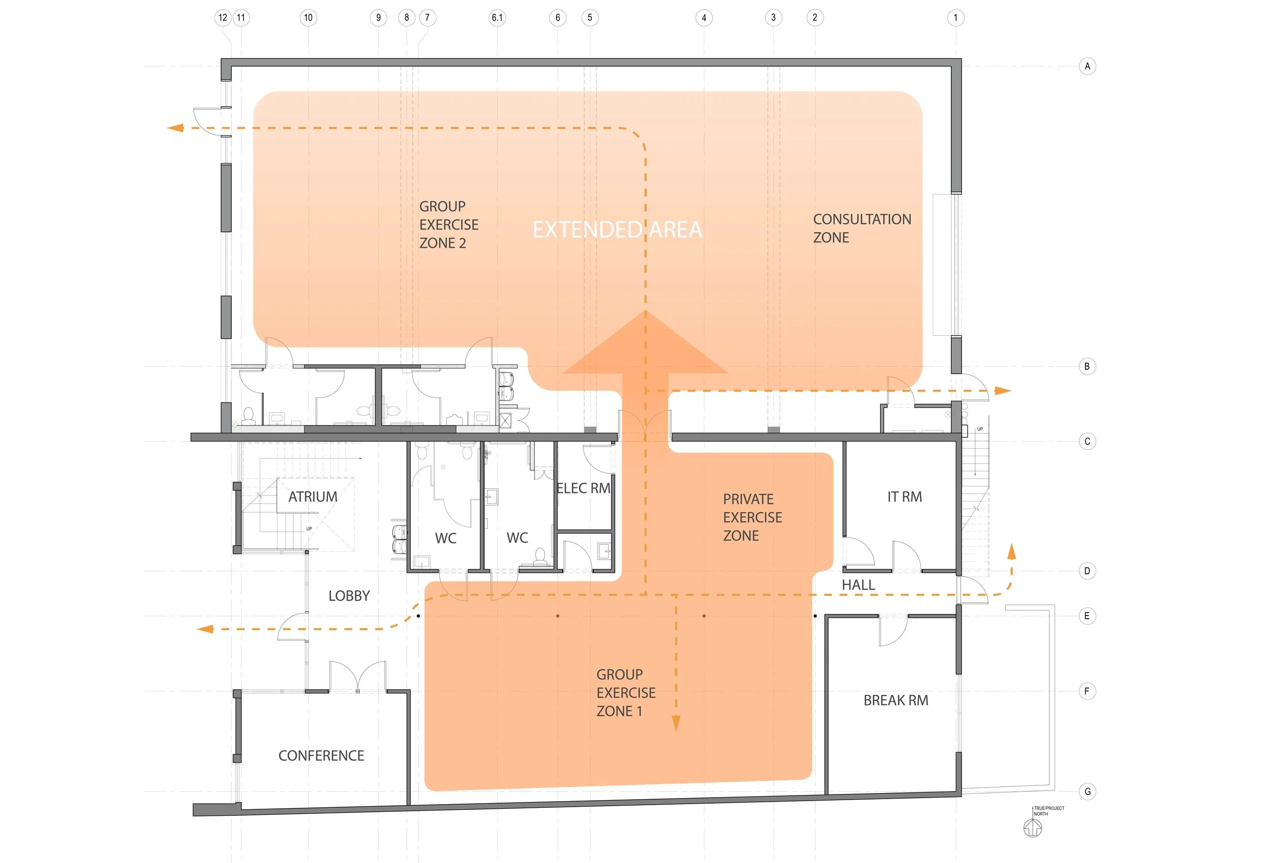 Proposed Berry Gym expansion floor plan illustrating two group exercise zones, a private exercise zone, consultation area, and extended training space, with circulation connecting the lobby, restrooms, conference room, IT room, and break room.