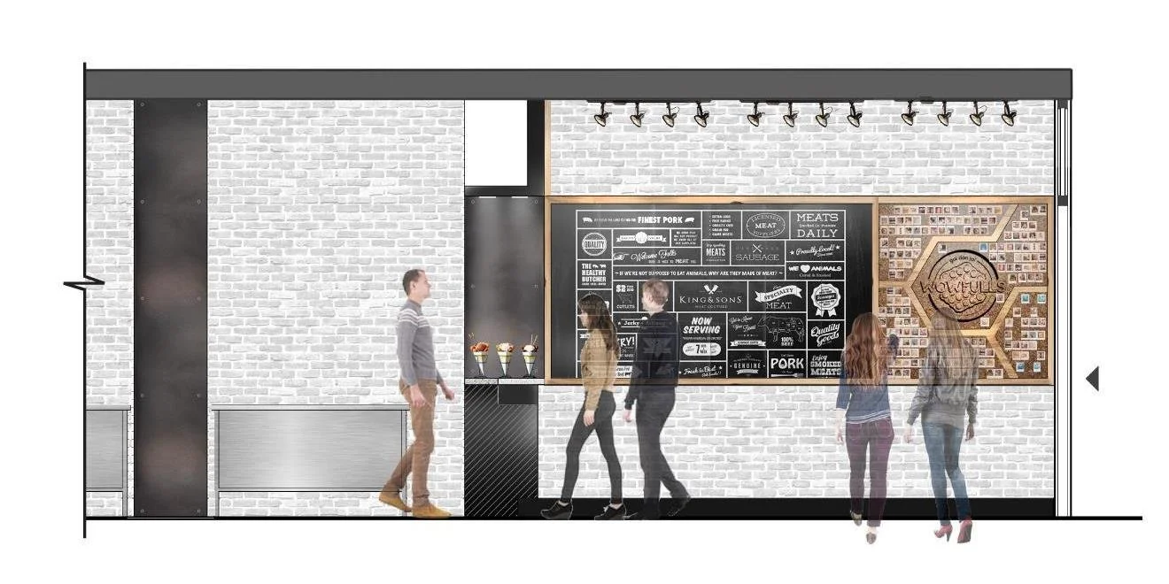BLD Inc commerical food place in New York, incorporates traditional shape of the original Hong Kong style egg waffles to create functional display shelves, and easy movement for waffle artists