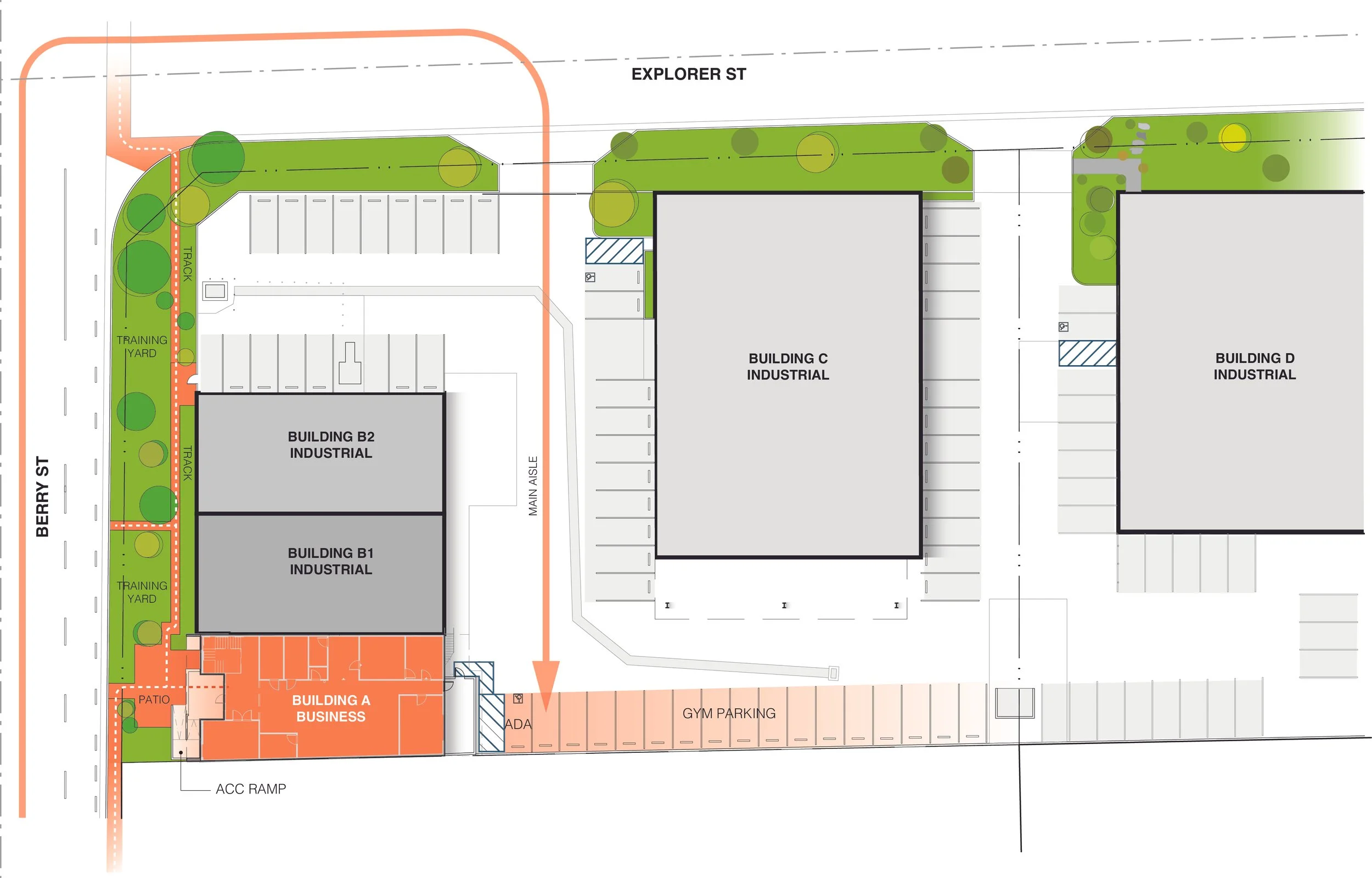 Site Plan illustrating the personal training facility within an industrial complex, including gym parking, ADA access, outdoor training yards, patio space, pedestrian circulation, landscaping, and surrounding industrial buildings.