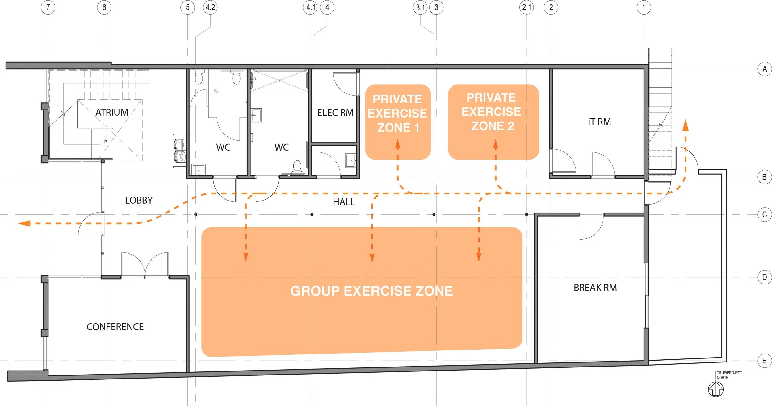 Proposed Berry Gym floor plan illustrating a group exercise zone and two private exercise rooms, with clear circulation connecting the lobby, restrooms, hall, IT room, conference room, and break room.
