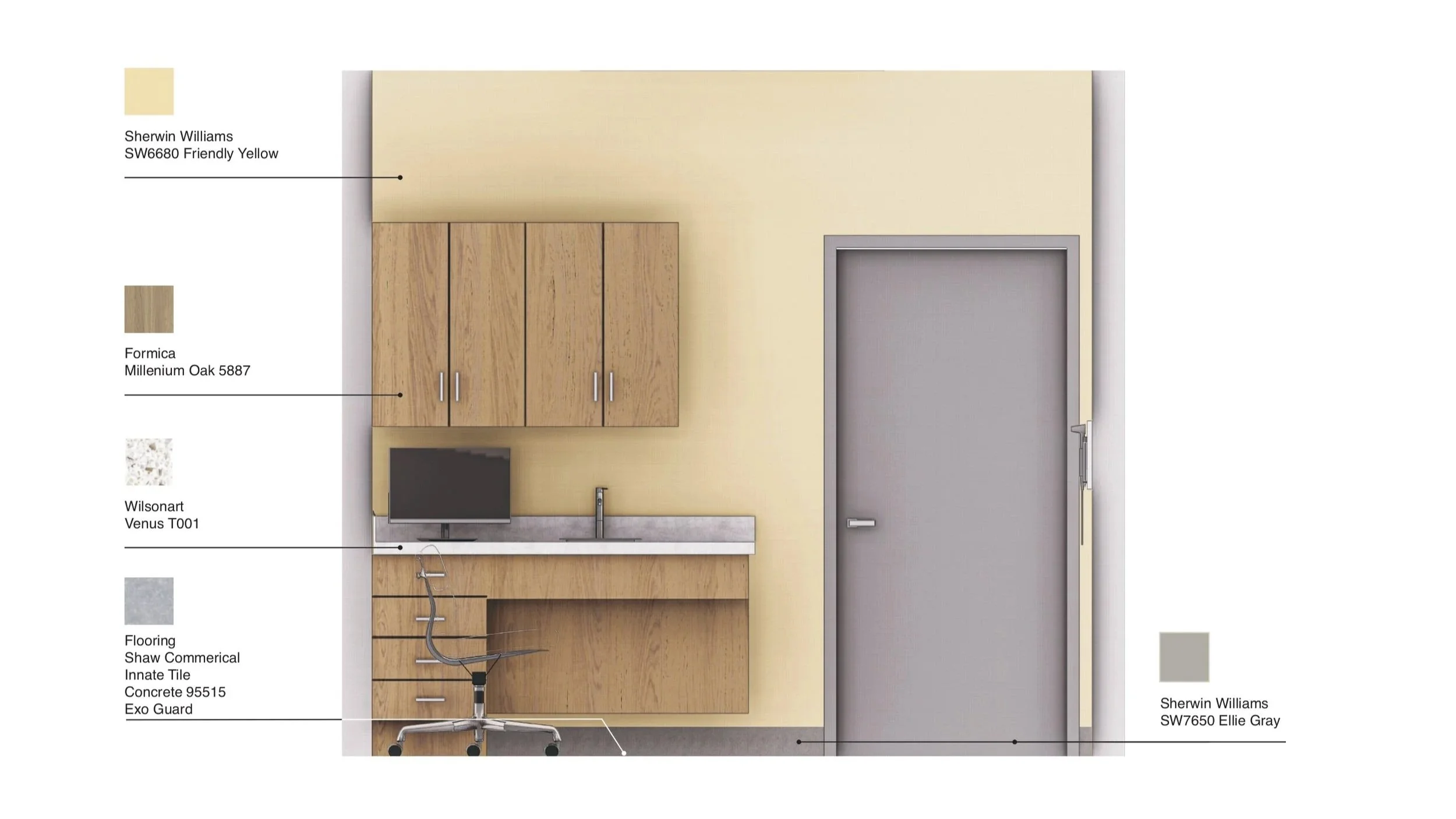 showing a clinical workspace with warm oak cabinetry, solid-surface countertop, soft yellow accent walls, gray doors and trim, and resilient flooring