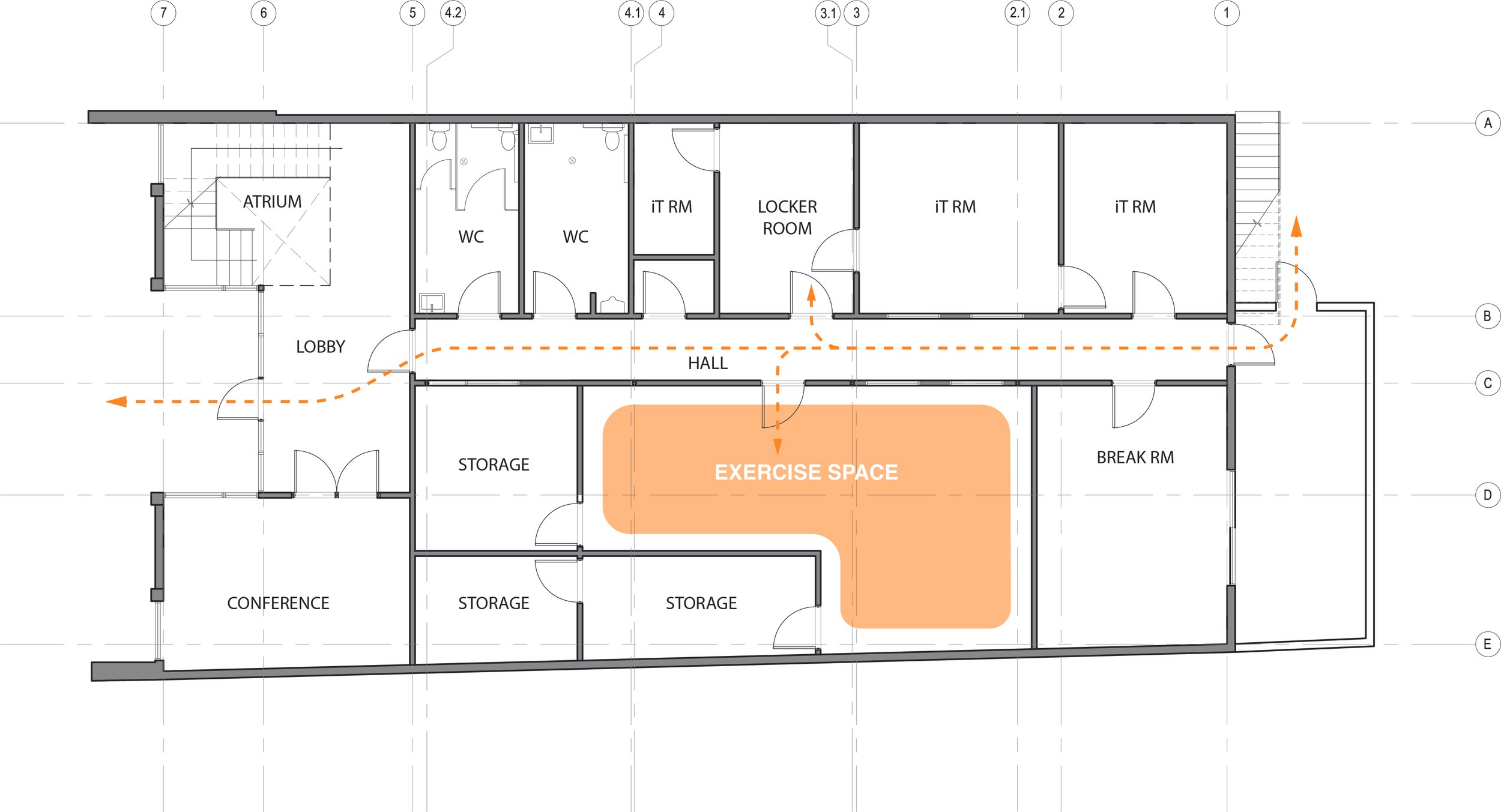 Existing floor plan diagram for Berry Gym showing the proposed exercise space within an existing commercial building, along with the lobby, conference room, storage areas, restrooms, locker room, IT rooms, break room, hallways, and circulation paths.