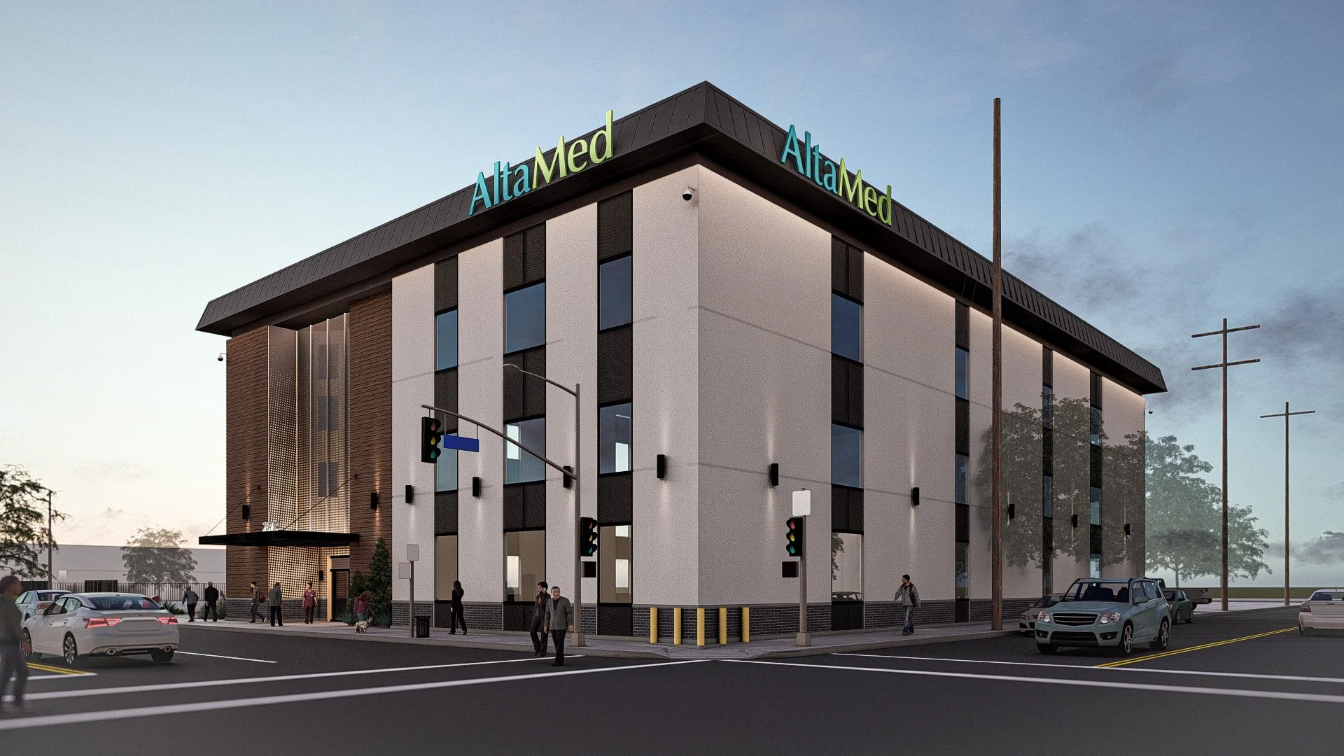 BLD Inc commercial medical facility in Los Angeles, California incorporates the industrial character of the surrounding context with refined materials and clean detailing, wood panels, metal awnings, and exposed steel