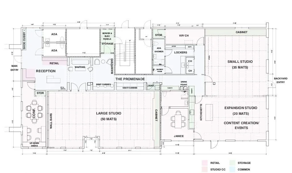 BLD Inc commercial yoga and wellness studio design in Plainsboro, New Jersey, with several studios, lockers and showers, meeting rooms and kitchenette area, with calming interiors, thoughtful architecture and wellness environment.