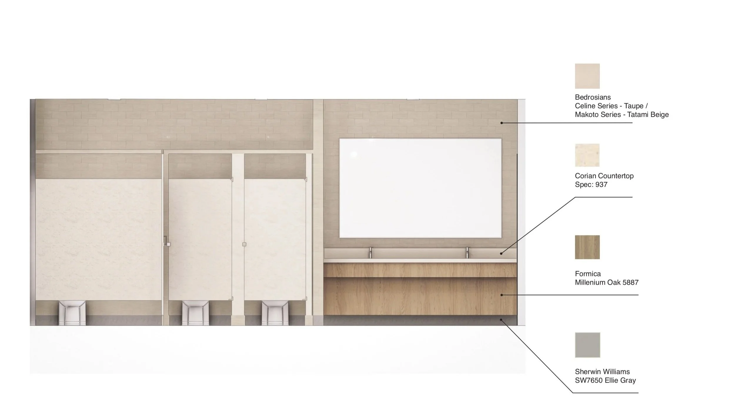 Elevation featuring beige ceramic wall tile, warm oak cabinetry, Corian countertops, gray base and trim, mirrors, sinks, and privacy partitions.