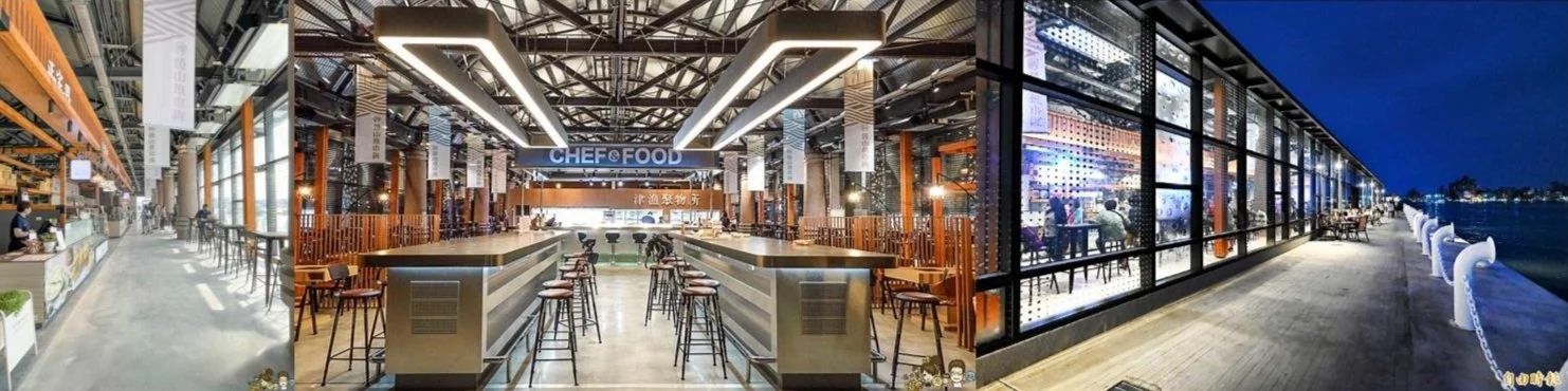 Dashi Beach Resort food hall inspiration featuring an industrial-style market interior with communal counters, bar seating, exposed steel structure, modern lighting, and glass-enclosed dining areas.