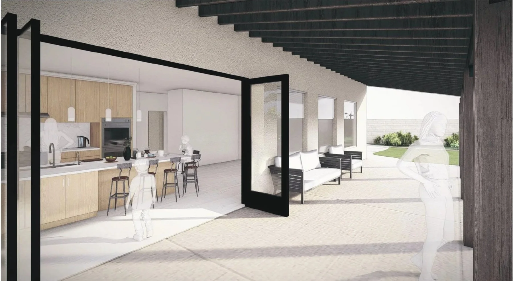 BLD residential extension and renovation in Placentia, California with kitchen re-layout, side yard patio, and rear patio