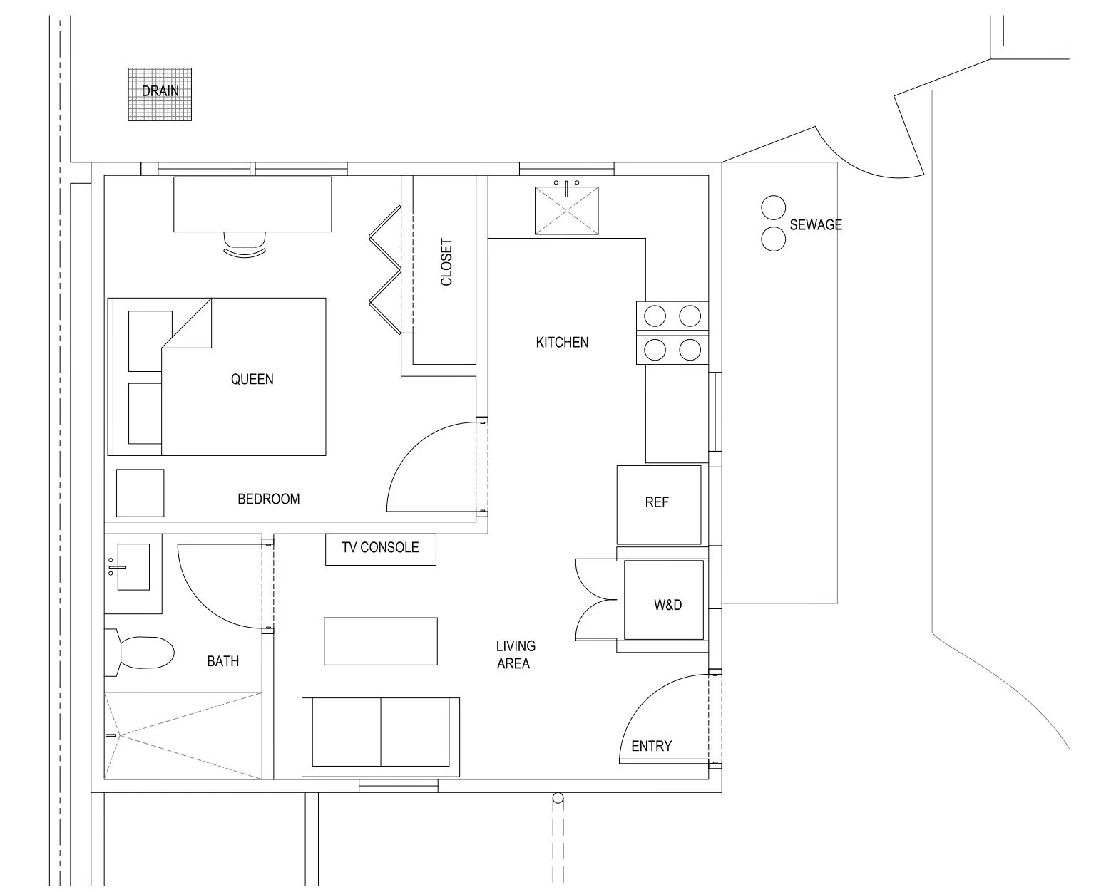 BLD residential ADU in Placentia, California, ADU includes bedroom, bathroom, living area, kitchen and washer/dryer