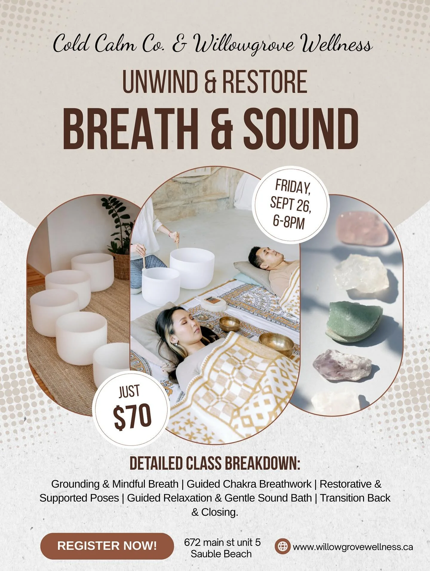 ✨Chakra Breathwork & Sound Bath✨
Hosted by @willowgrove.wellness and @cold.calm.co
Join us Friday, September 26th, from 6 to 8 p.m. in Sauble Beach for an evening of deep, energetic renewal.
🌿 The journey begins with a Chakra Breathwork ses