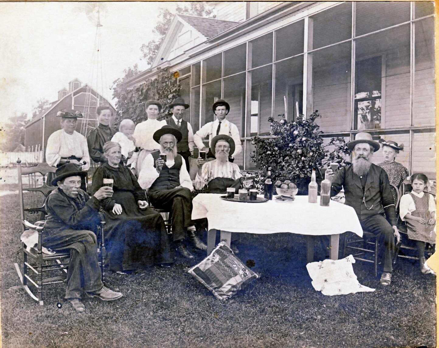 Pictured here are members of the Ferdinand and Agatha Haberman Family (and possibly some neighbors) from about 1909. Top row from left: Mrs. Dietrich, Nettie Ullman, Lillian Ullman, Martha Haberman, Matt Ullman, Dave Haberman. Front row from left: Ni