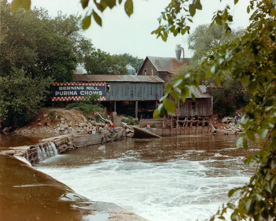 The dam at Berning's Mill was a favorite fishing spot for many, many years. By the time this photo was taken in the late 1970s, the mill was operating on electric power. A close look at this photo reveals one of the drawbacks of water power in that i