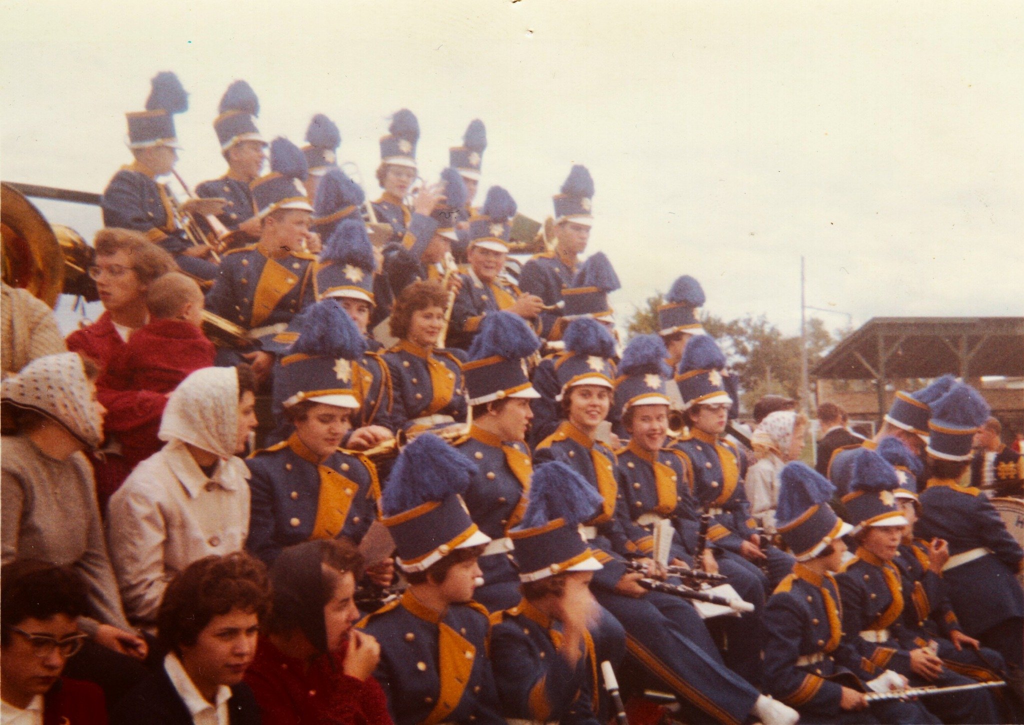 Here is a rare color photo of the St. Michael (Catholic) High School band from 1959 or 1960. The band was playing at a home football game, probably Homecoming. For those who recognize the old baseball grandstand in the background, you might be confus