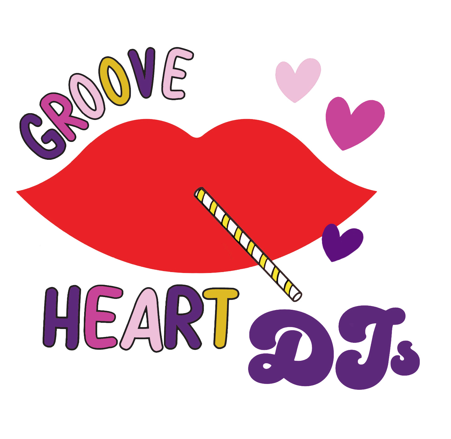 Stylized red lips with a striped lipstick applicator and the words 'GROOVE HEART' in colorful, bold letters, accompanied by pink and purple hearts.