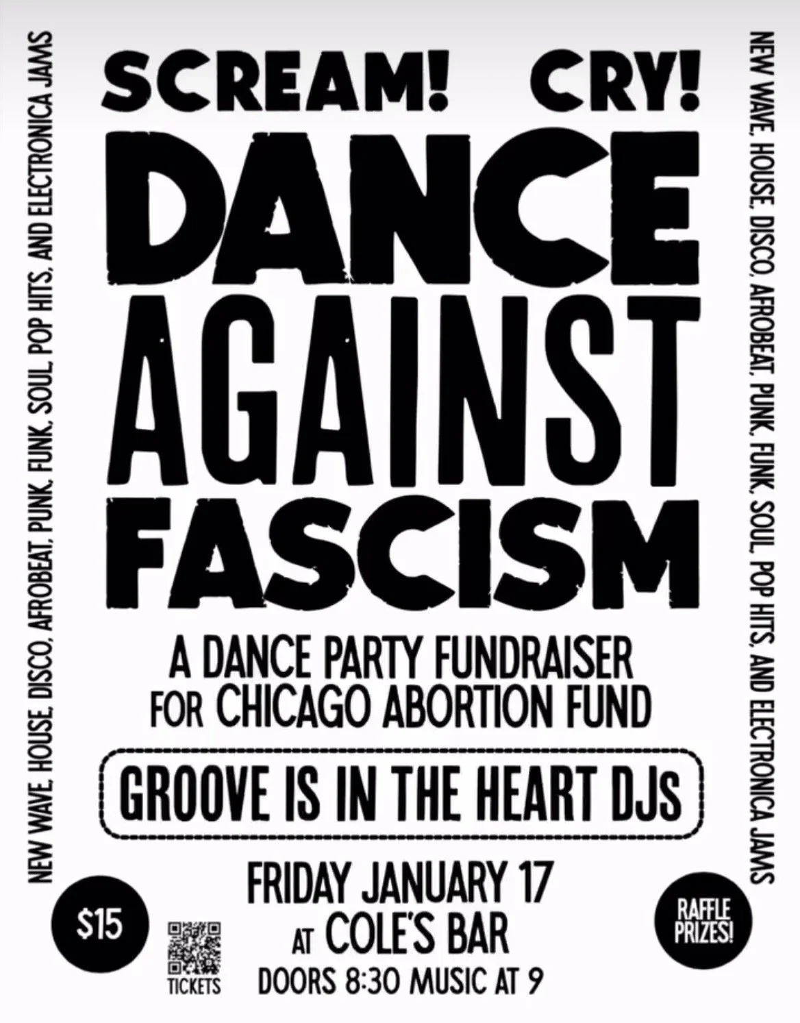 Poster for a dance party fundraiser against fascism, featuring bold black and white text, with details about the event including date, location, and music act, and additional info about ticket price and raffle prizes.